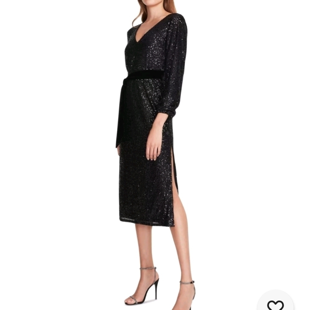 Betsey Johnson black sequins midi dress v-neck side slits 'no belt'